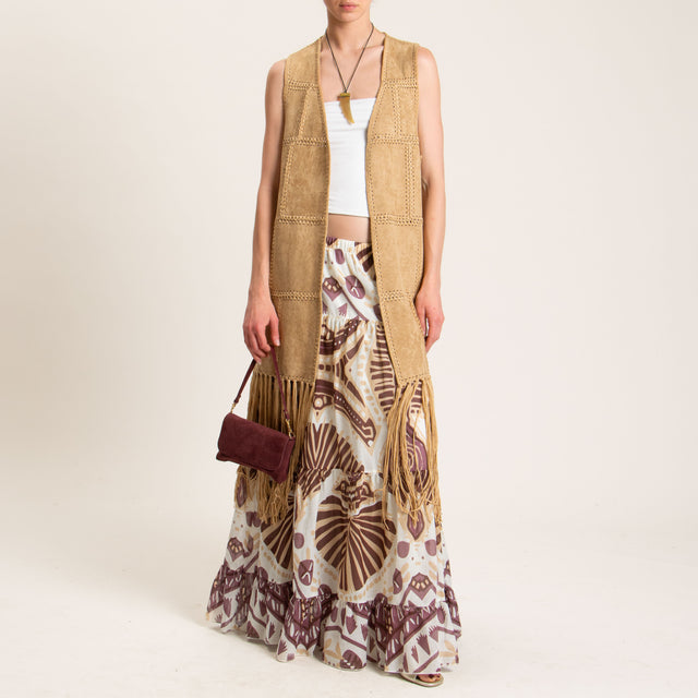 Haveone-Gilet oversize con frange - cammello