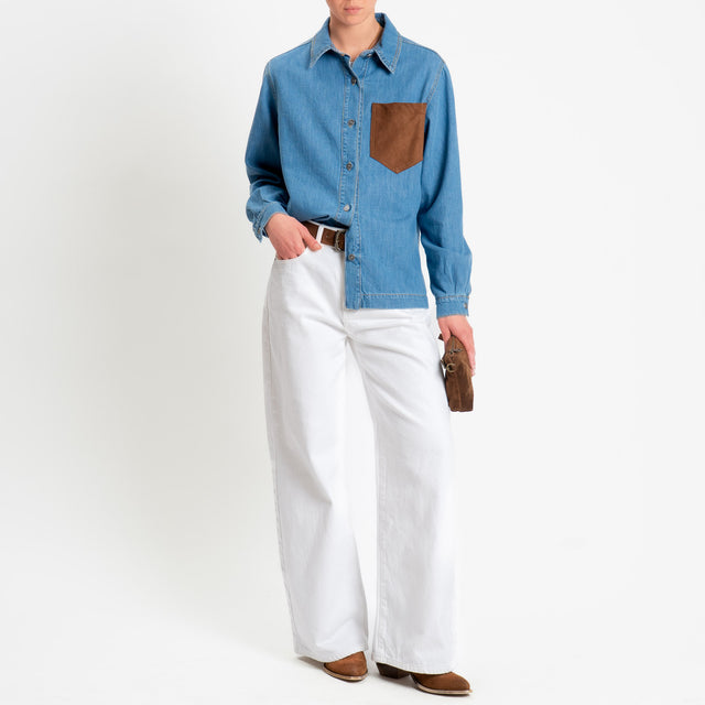 Tensione in-Camicia jeans tasca effetto suede - denim/cognac