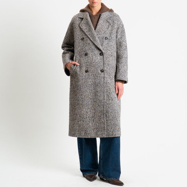 Tensione in-Cappotto spinato doppiopetto - nero/latte/cuoio