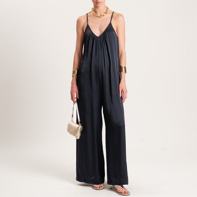 Tensione in-Tuta satin doppio scollo v con tasche - nero