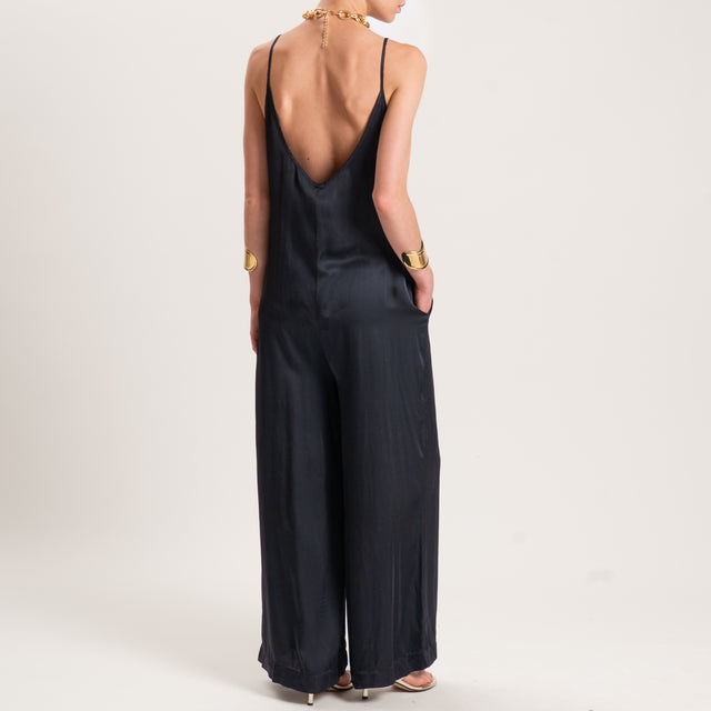 Tensione in-Tuta satin doppio scollo v con tasche - nero