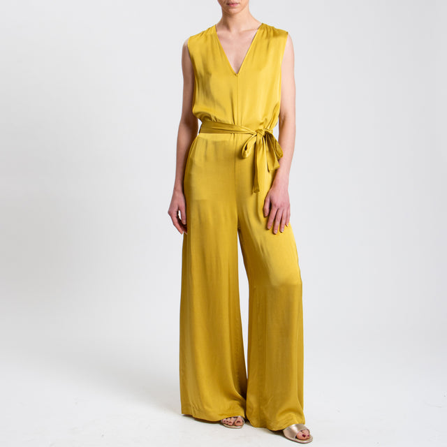 Tensione in-Tuta scollo v in satin - senape