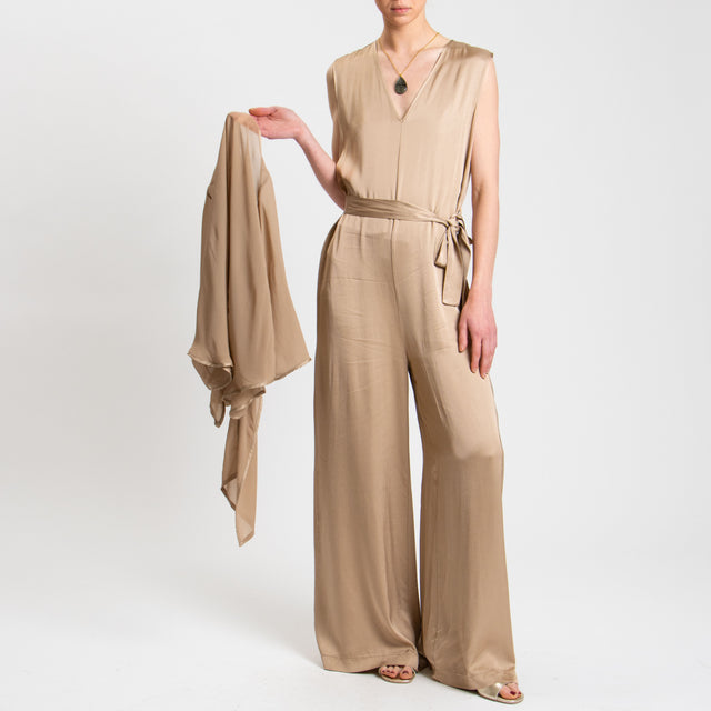 Tensione in-Tuta scollo v in satin - biscotto