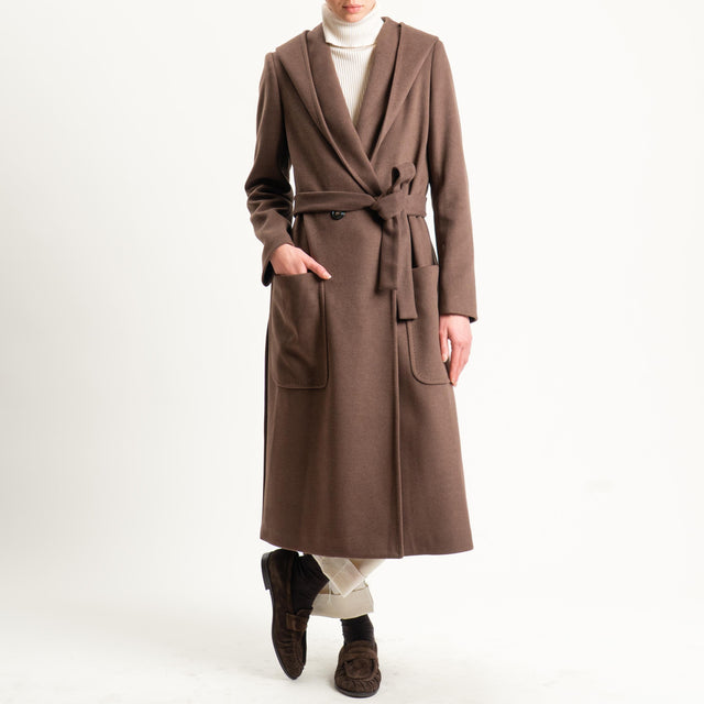 Tensione in-Cappotto doppiopetto con cappuccio - moro