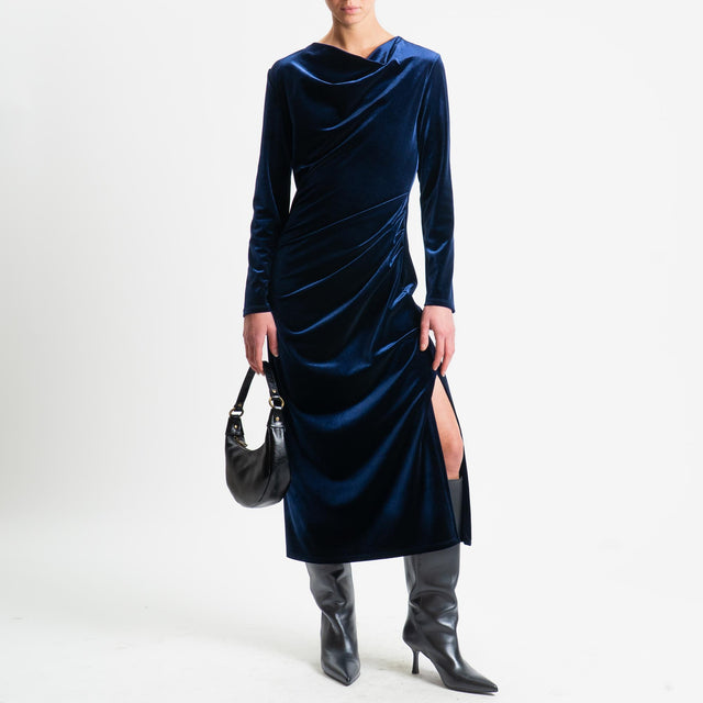 Tensione in-Abito velluto ciniglia arricciatura laterale - blu