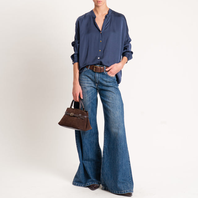 Tensione in-Camicia satin collo coreana bottoni dorati - blu