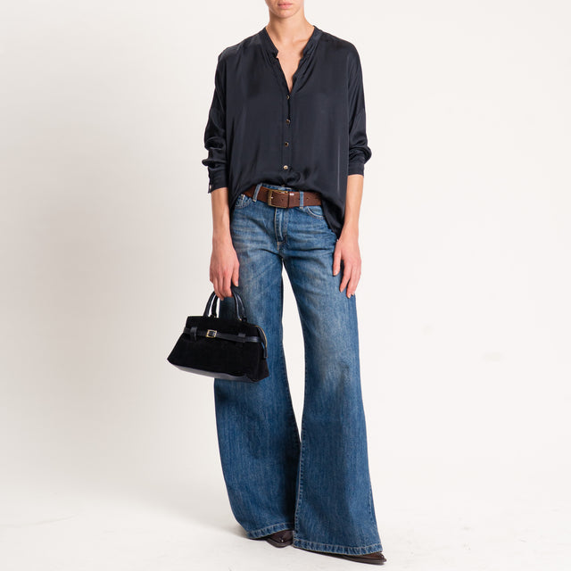 Tensione in-Camicia satin collo coreana bottoni dorati - nero