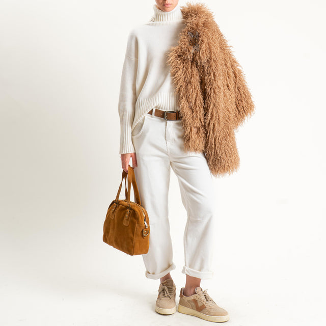 Tensione in-Pantalone velluto millerighe elastico - latte