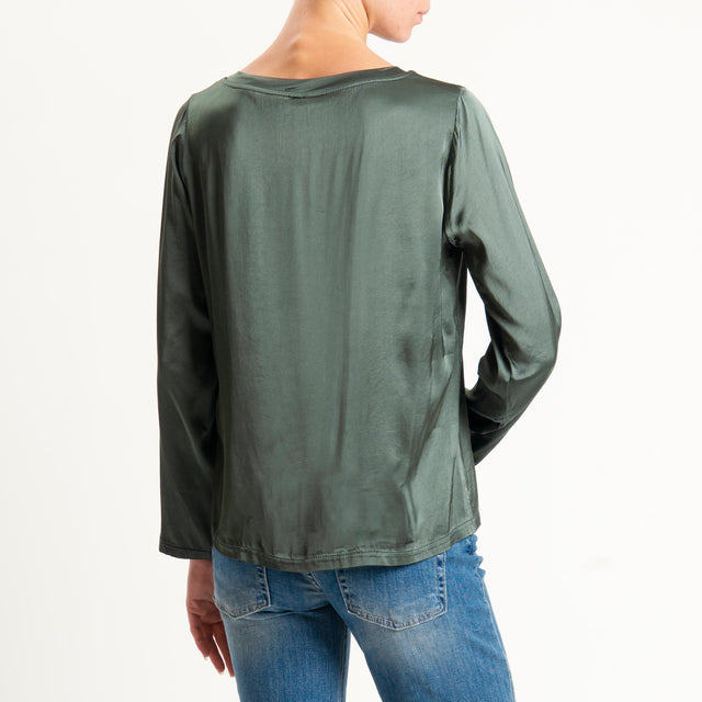 Tensione in-Blusa girocollo in satin elasticizzato - militare