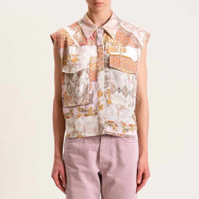 Tensione in-Camicia smanicata misto lino fantasia - sand/rosa/orange