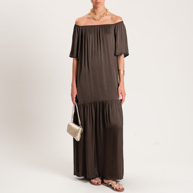 Tensione in-Abito satin con balza scollo shiffer - moro