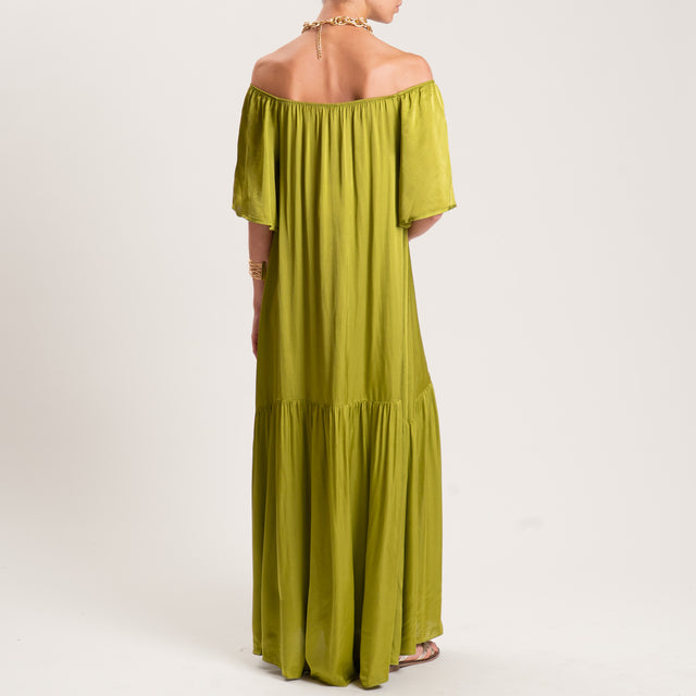 Tensione in-Abito satin con balza scollo shiffer - pistacchio