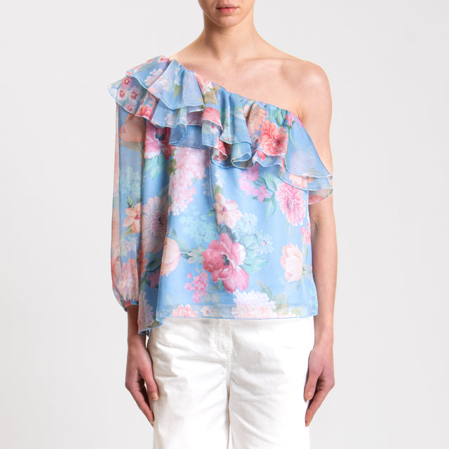 Tensione in-Blusa monospalla fantasia floreale - celeste/rosa/peach