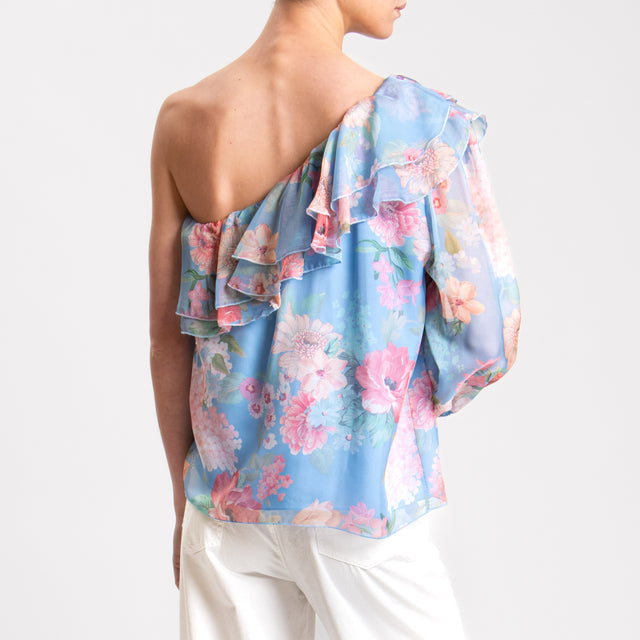 Tensione in-Blusa monospalla fantasia floreale - celeste/rosa/peach