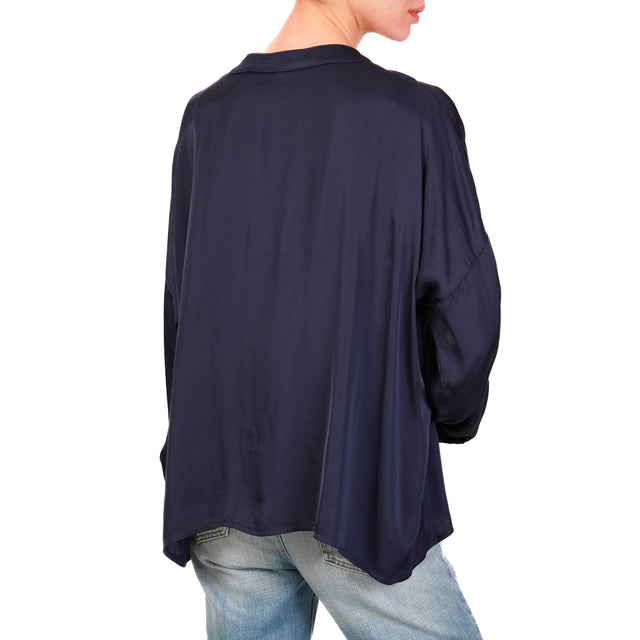 Tensione in-Camicia satin bottoni dorati - blu