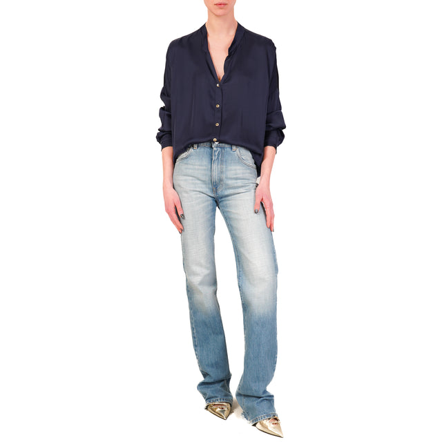 Tensione in-Camicia satin bottoni dorati - blu