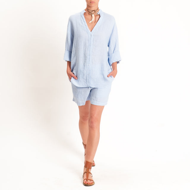 Tensione in-Camicia 100% lino collo coreana - azzurro