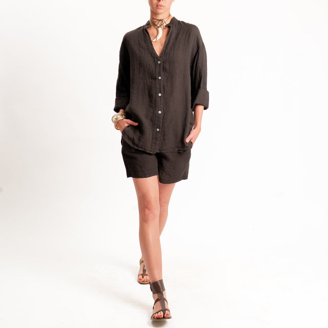 Tensione in-Camicia 100% lino collo coreana - moro