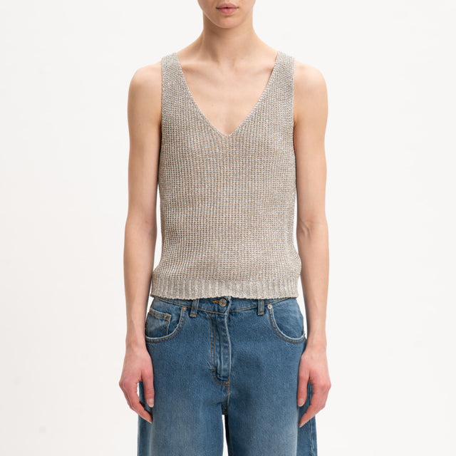 Tensione in-Top in lurex doppio scollo v - naturale