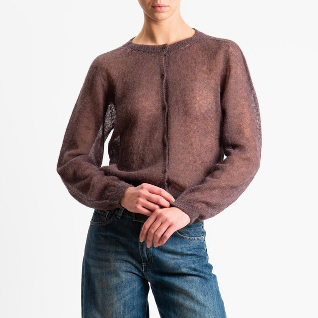Tensione in-Cardigan rebecchina girocollo mohair garzato - moro