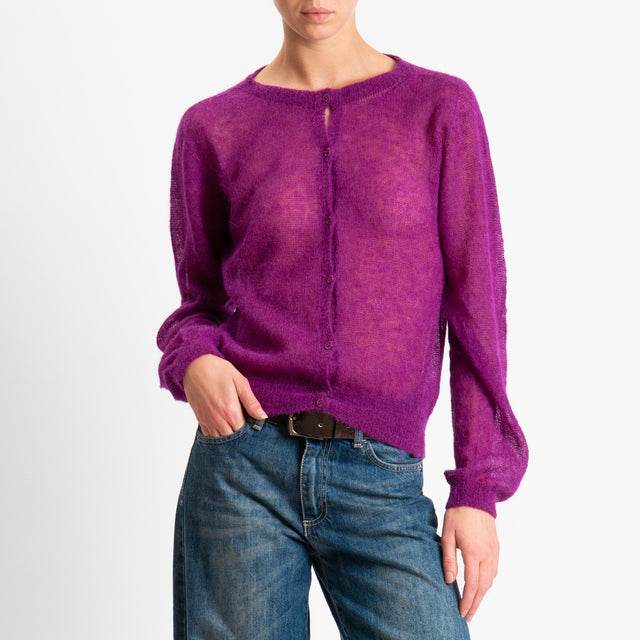 Tensione in-Cardigan rebecchina girocollo mohair garzato - orchidea