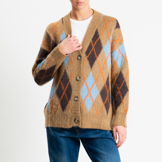 Tensione in-Cardigan rombi argyle misto alpaca - camel/moro/azzurro