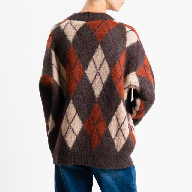 Tensione in-Cardigan rombi argyle misto alpaca - camel/moro/bruciato