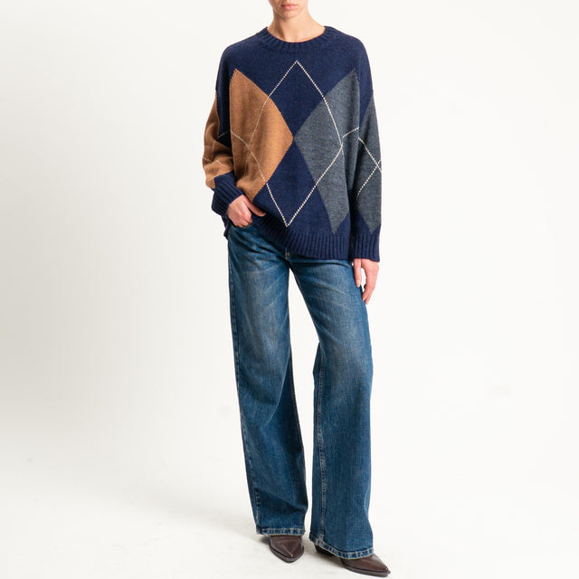 Tensione in-Maglia rombi misto alpaca - blu/camel/grigio