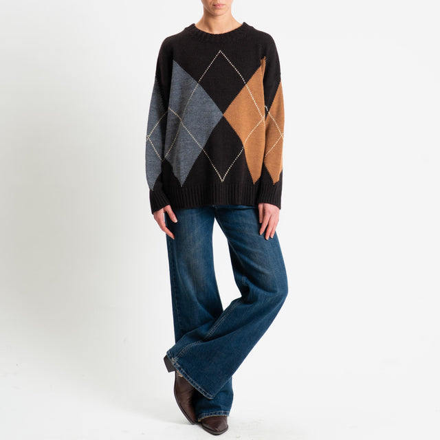 Tensione in-Maglia rombi misto alpaca - cioccolato/grigio/camel