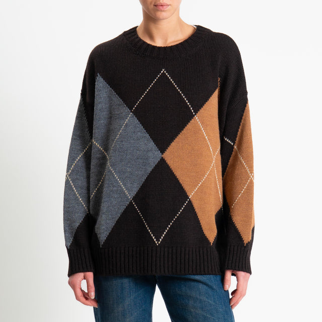 Tensione in-Maglia rombi misto alpaca - cioccolato/grigio/camel