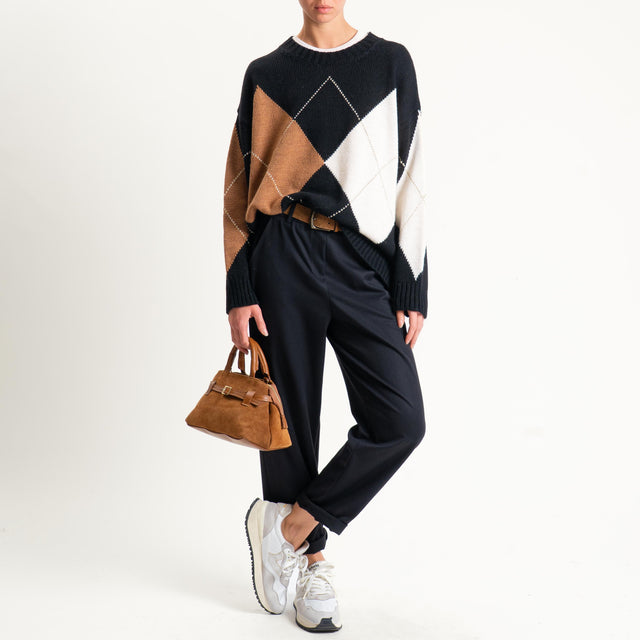 Tensione in-Maglia rombi misto alpaca - nero/camel/burro