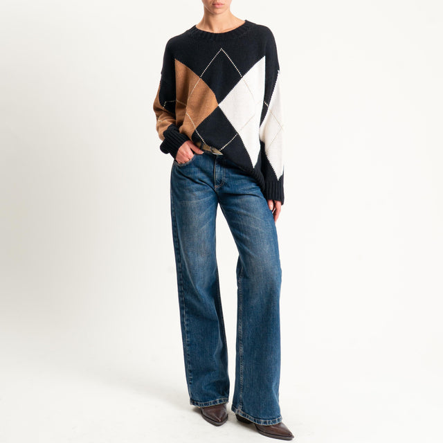 Tensione in-Maglia rombi misto alpaca - nero/camel/burro