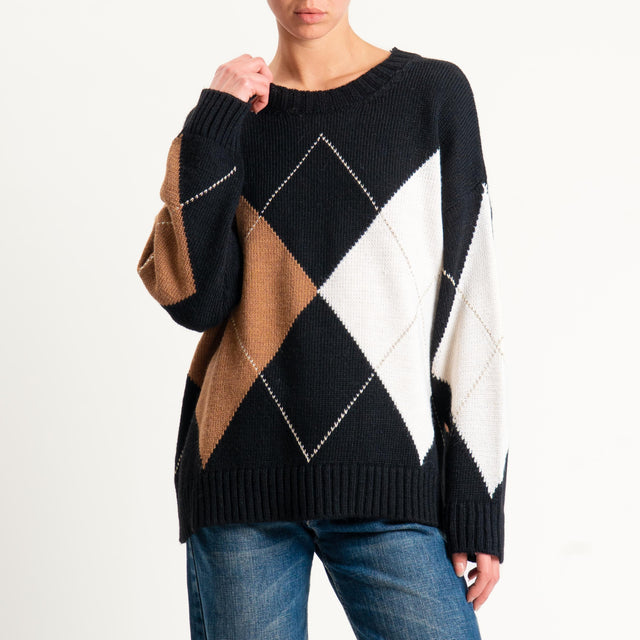 Tensione in-Maglia rombi misto alpaca - nero/camel/burro