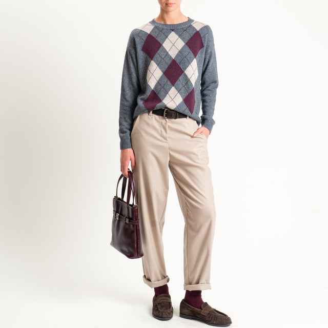 Tensione in-Maglia girocollo rombi argyle misto cashmere - antracite/vino/beige