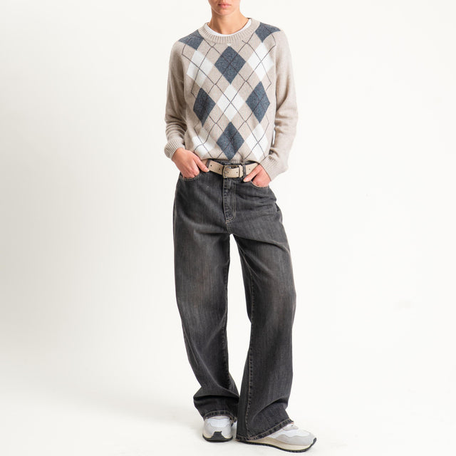 Tensione in-Maglia girocollo rombi argyle misto cashmere - beige/panna/antracite