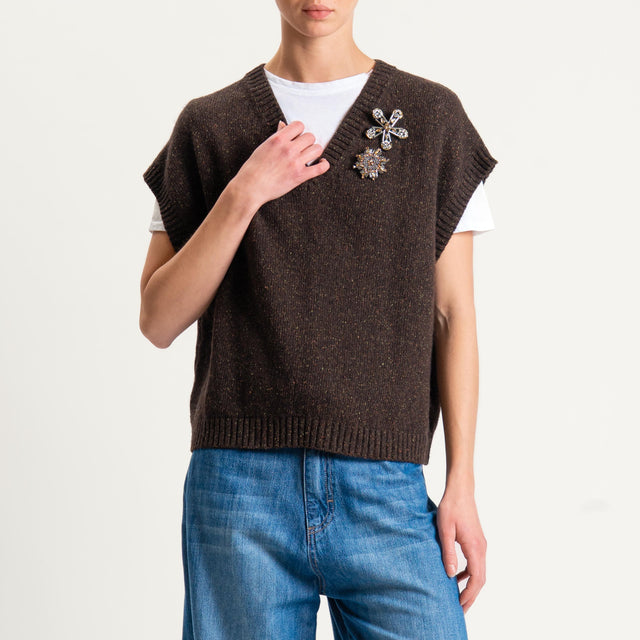 Tensione in-Gilet misto LANA/SETA melange con spille - cioccolato