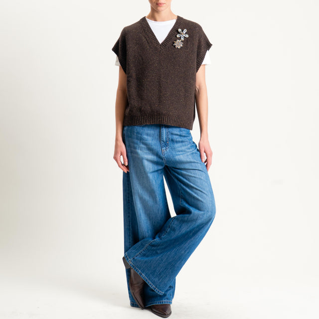 Tensione in-Gilet misto LANA/SETA melange con spille - cioccolato