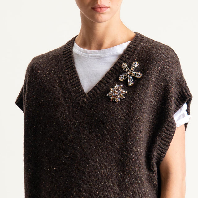 Tensione in-Gilet misto LANA/SETA melange con spille - cioccolato