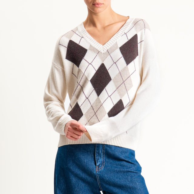 Tensione in-Maglia rombi argyle misto cashmere scollo v - burro/moro/casha