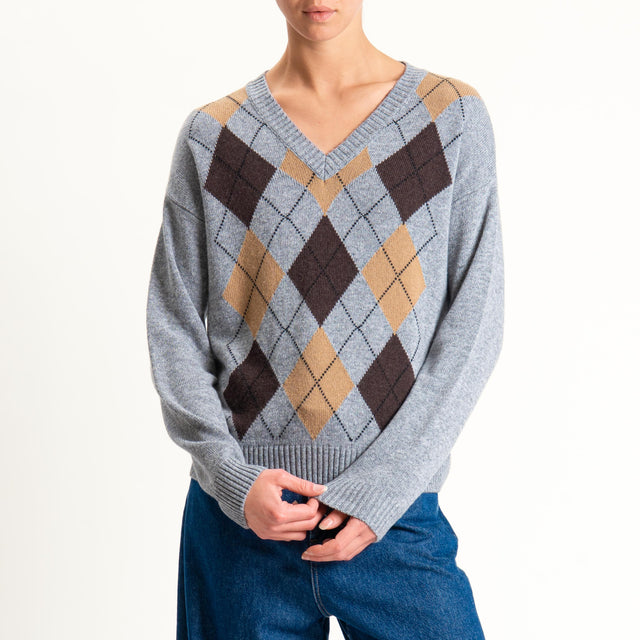 Tensione in-Maglia rombi argyle misto cashmere scollo v - grigio/moro/cuoio