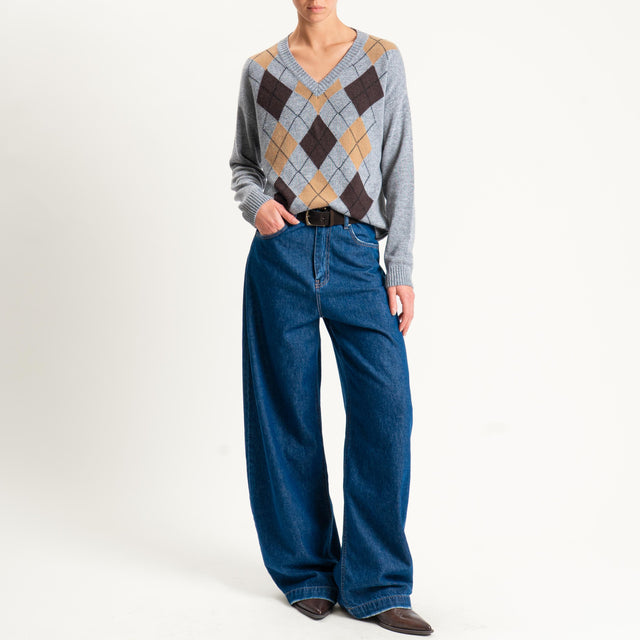 Tensione in-Maglia rombi argyle misto cashmere scollo v - grigio/moro/cuoio