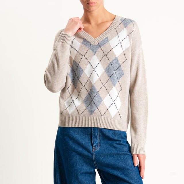 Tensione in-Maglia rombi argyle misto cashmere scollo v - beige/latte/antracite