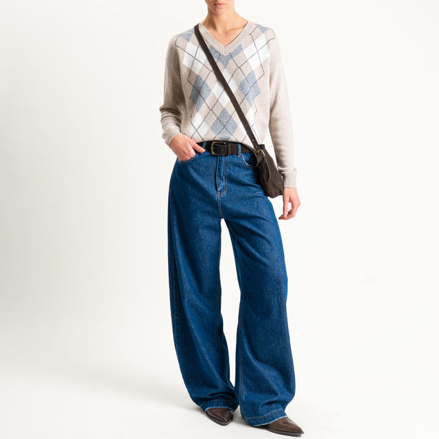 Tensione in-Maglia rombi argyle misto cashmere scollo v - beige/latte/antracite