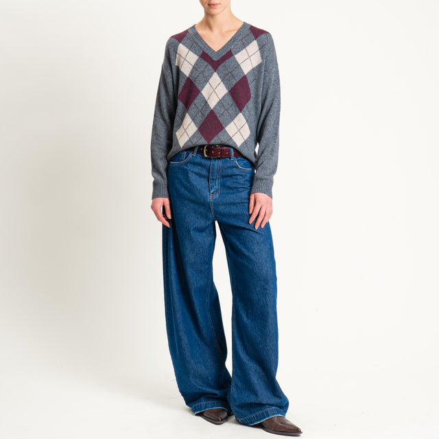 Tensione in-Maglia rombi misto cashmere scollo v - antracite/bordeaux/beige