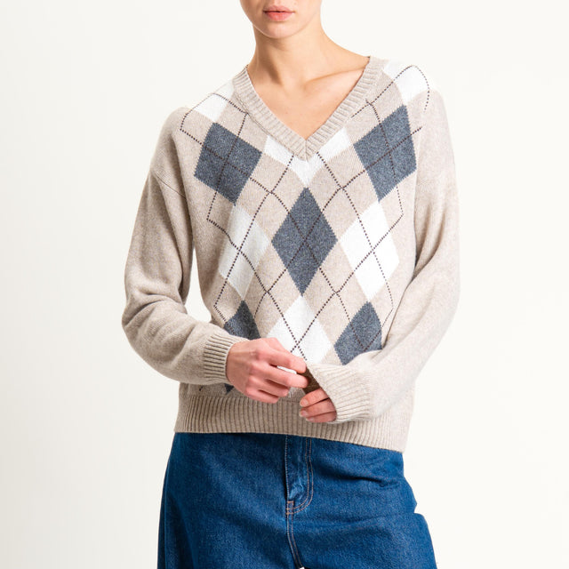 Tensione in-Maglia rombi misto cashmere scollo v - beige/latte/antracite