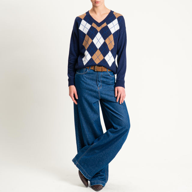 Tensione in-Maglia rombi misto cashmere scollo v - blu/cuoio/latte