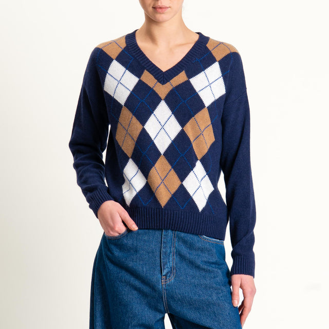 Tensione in-Maglia rombi misto cashmere scollo v - blu/cuoio/latte