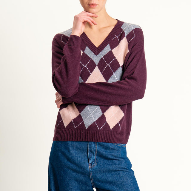 Tensione in-Maglia rombi misto cashmere scollo v - bordeaux/grigio/rosa