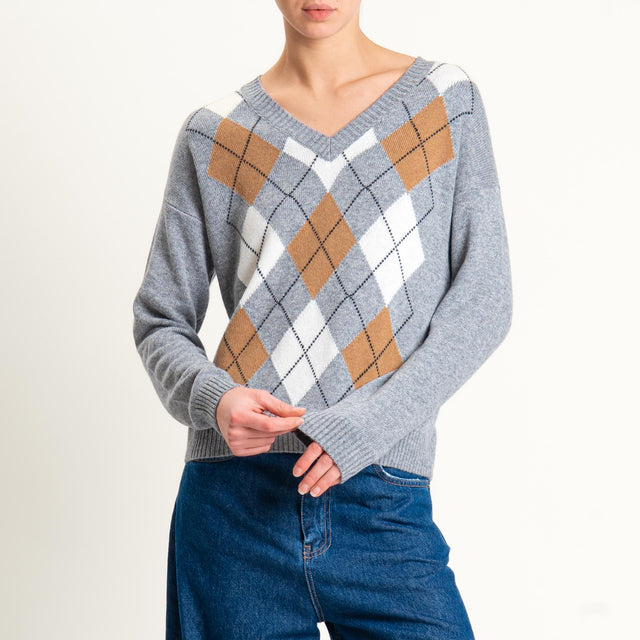 Tensione in-Maglia rombi misto cashmere scollo v - grigio/latte/cuoio