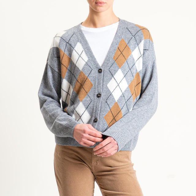 Tensione in-Cardigan rombi misto cashmere - grigio/latte/cuoio